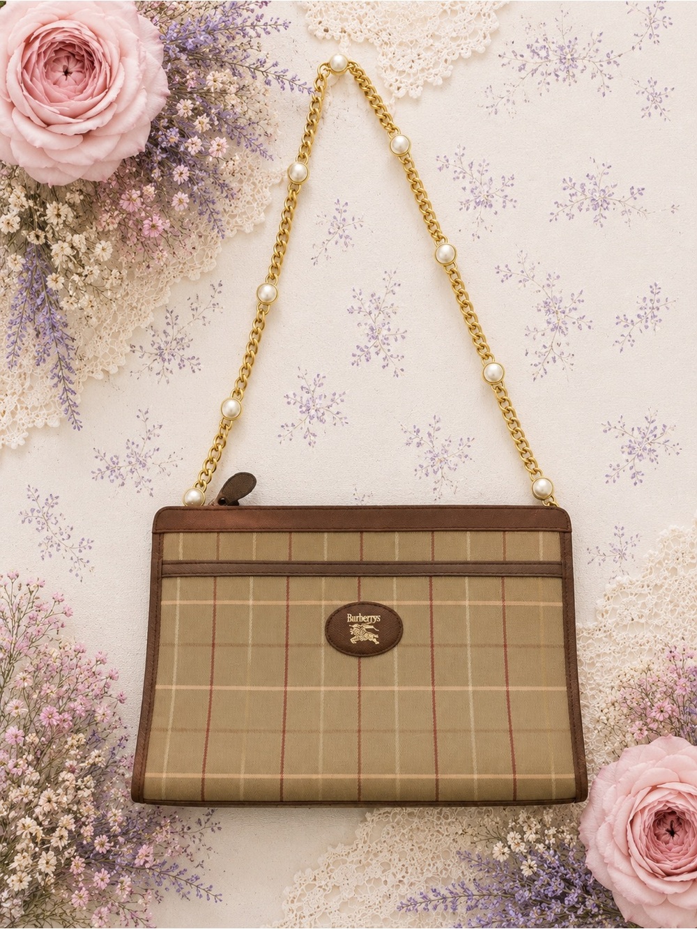 Vintage 1990s Burberry Nova Check Clutch Bag w/ Pearl Chain